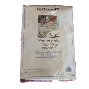 Fortunoff Ribbon Holly Tablecloth 60x104 Oblong Christmas‎ Holiday Damask Ivory